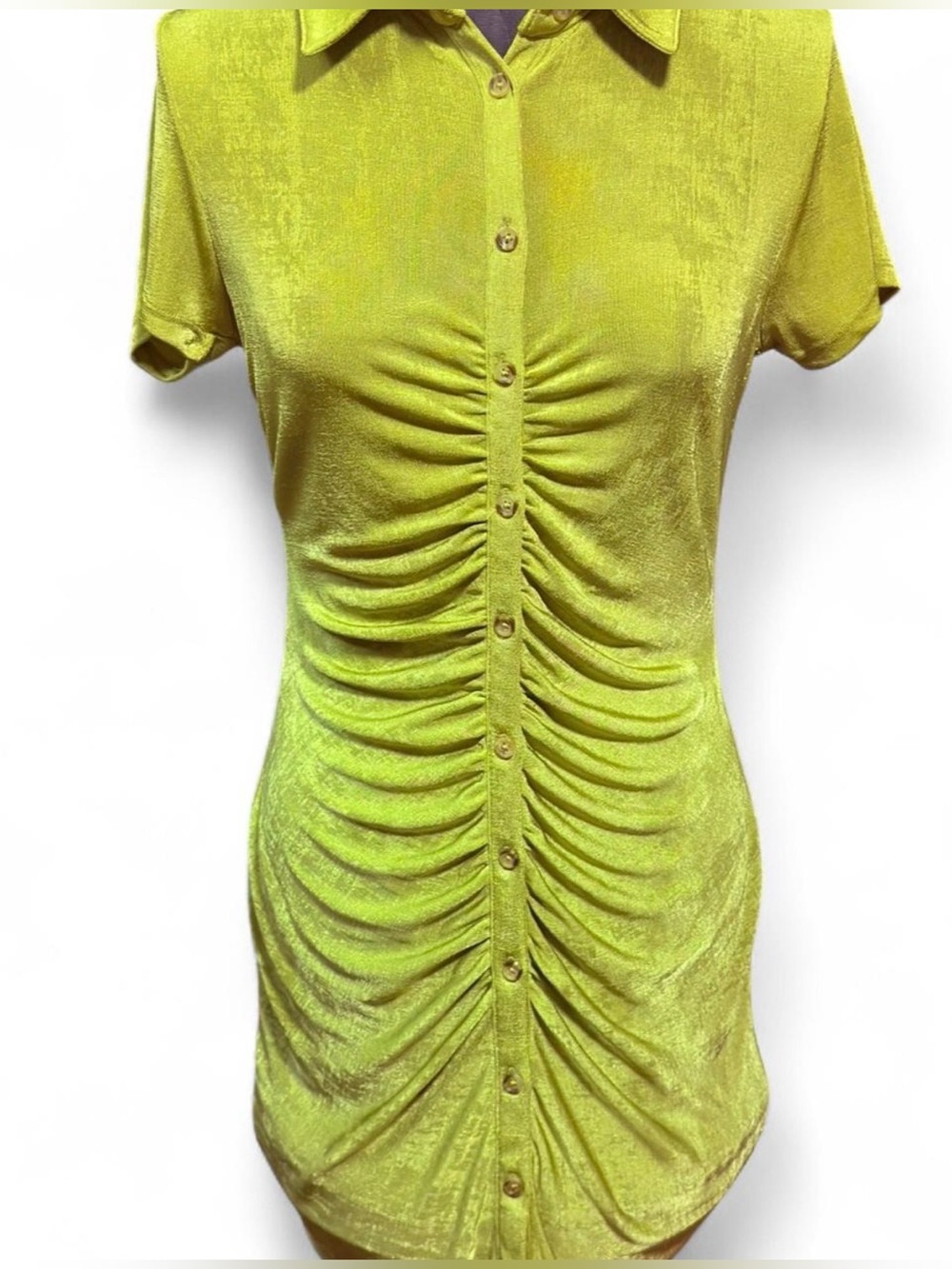 wild fable Lime Green Ruched Button-Down Short Mini Dress